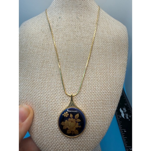 Limoges Cadeaux France Jewelry - Vintage Limoges Cadeaux France Cobalt Blue Gold Floral Porcelain Necklace